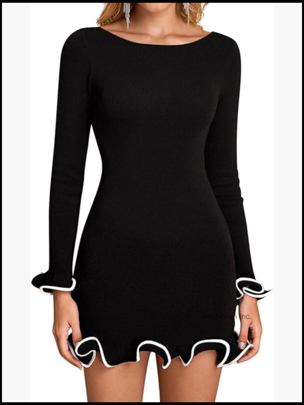 Long Sleeve Ruffle Knit Mini Dress Bodycon Boat Neck Party Sweater Dress